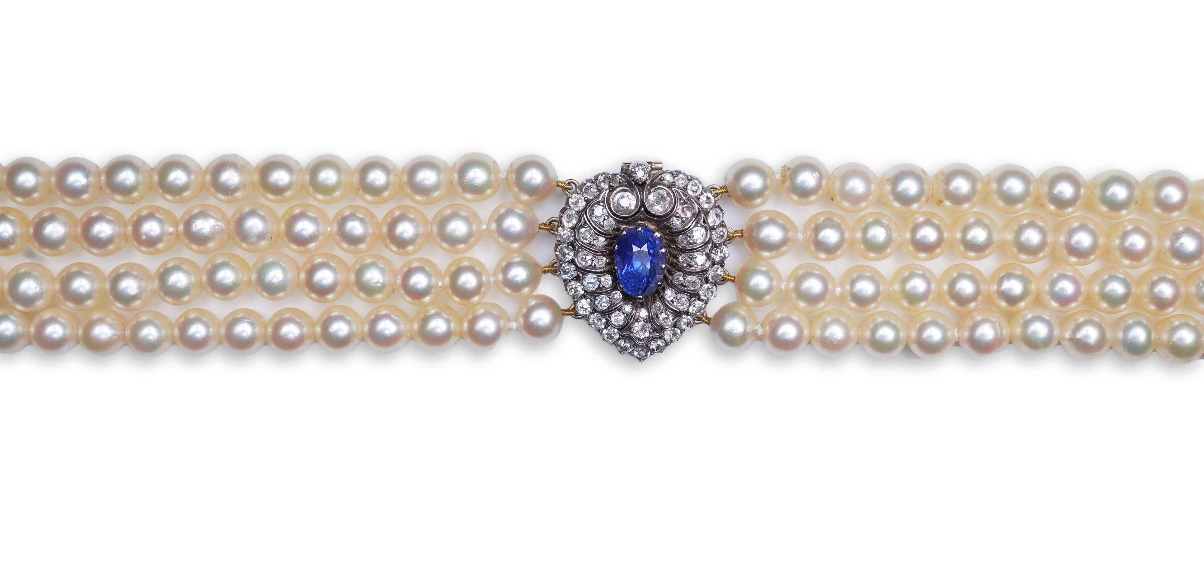 A late Victorian sapphire and diamond brooch and cultured pearl necklace, circa 1900 and later